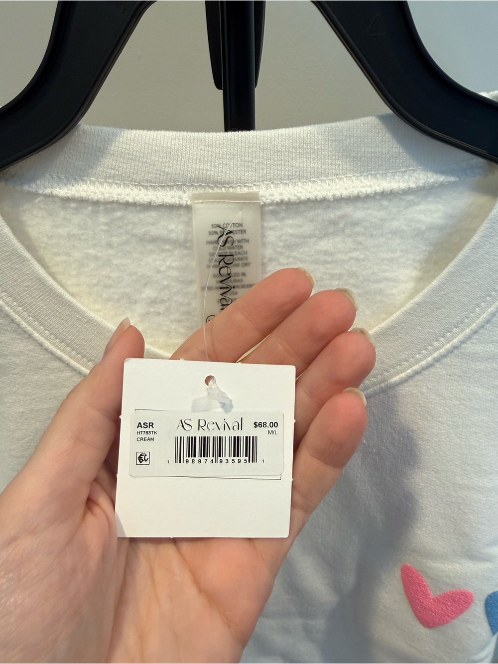 Altar'd State Cream Sweatshirt with Pink and Blue Heart Accents - Picture 4 of 5